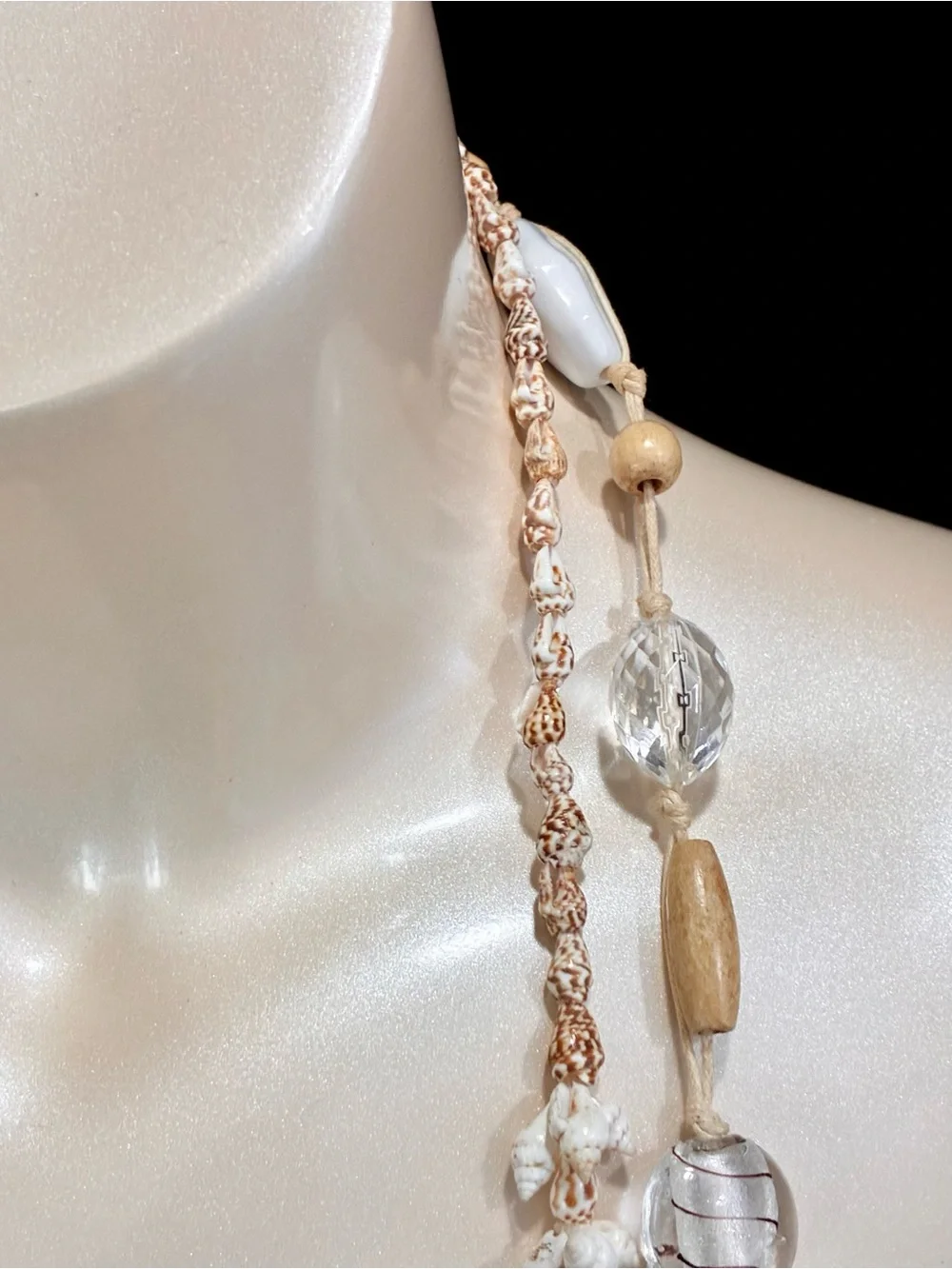Stackable Beach Chic White & Tan Layered Shell & Bead Textured Necklace Lot of 2